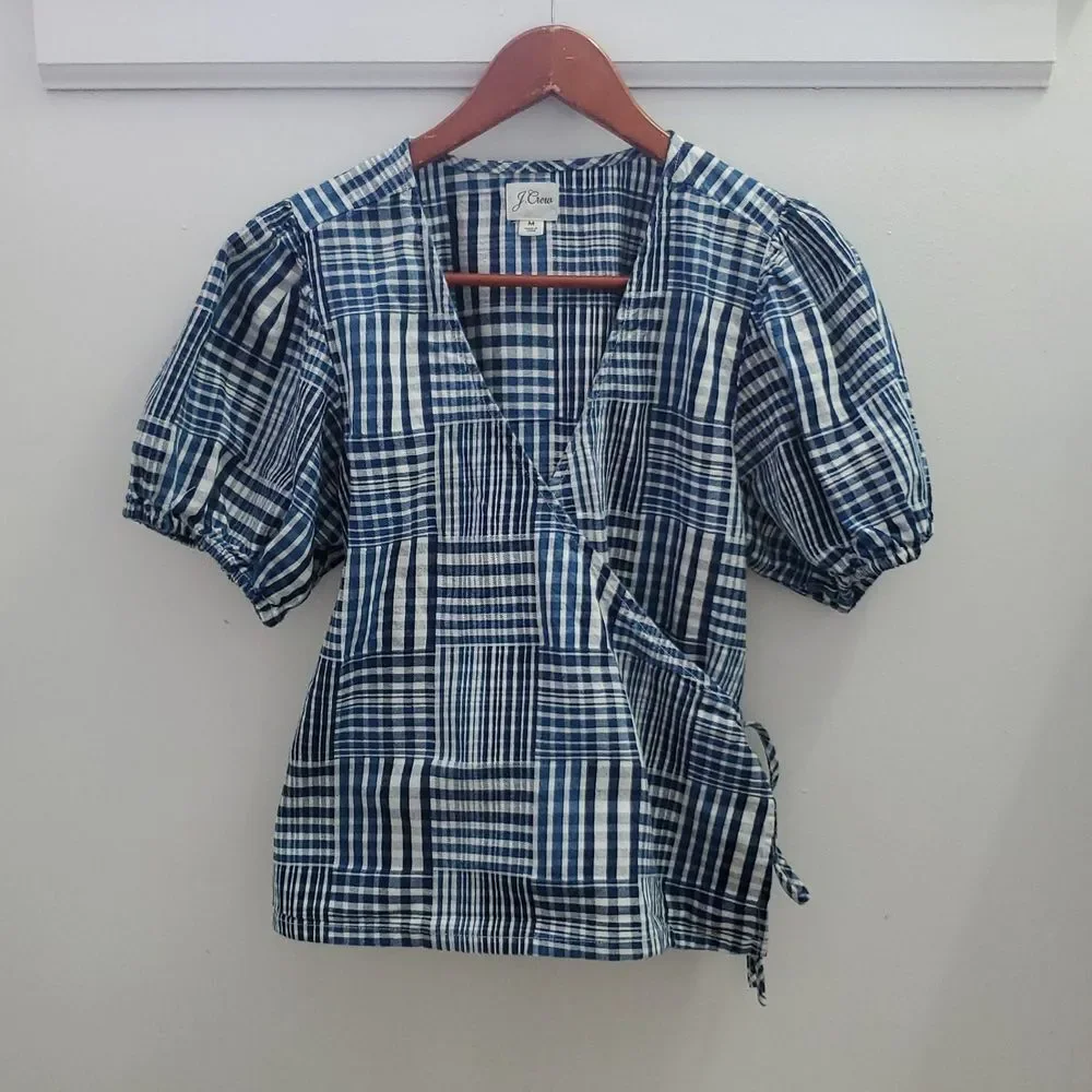 J. Crew Puff Sleeve Wrap Top Indigo Patchwork Size Medium